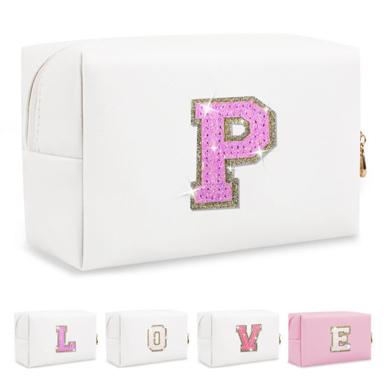 Picture of Small Initial Patch Makeup Bag Personalized Gifts Make Up Bag,White Cute PU Leather Glitter Letter Cosmetic Bag with Zipper,Trendy Portable Travel Toiletry Pouch,Preppy Stuff for Teen Girls Women P