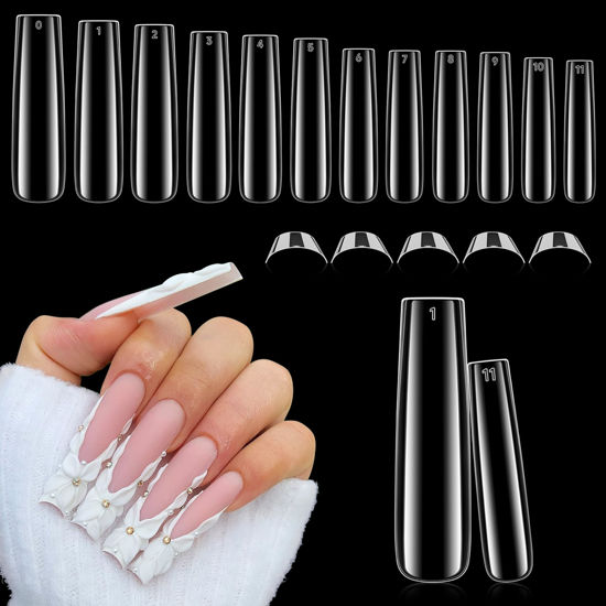 Picture of Luckyfairy Tapered Square Nail Tips, XXL 240Pcs 12 Sizes Full Cover Fake Nails Extra Long Straight Nail Tips No C Curve Gel x Nails Clear Gel Nail Tips Nail Extension for DIY Nail Art