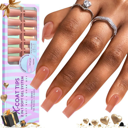 Picture of BTArtbox Soft Gel Nail Tips Square - Press On Nails Long Natural XCOATTIPS Pre-applied Tip Primer, One-Step Square Gel Nail Tips Fake Nails for DIY Nail Art