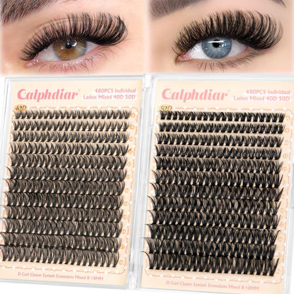 Picture of calphdiar Lash Clusters Wispy Eyelash Clusters 480PCS 40D+50D Individual Lashes Clusters D Curl Cluster Eyelash Extensions 8-18mm DIY Natural Volume Lash Extension for Beginners