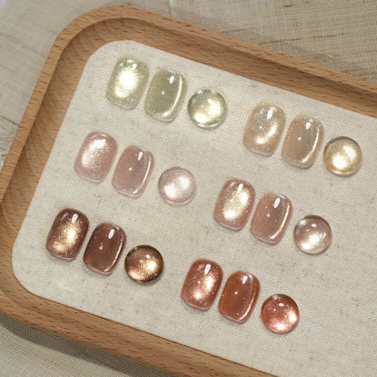 Picture of GAOY Glitter Cat Eye Gel Nail Polish Set with Magnet, Sliver, Brown, Pink, Coral Holographic Cat Eye, Salon Gel Manicure and Nail Art DIY at Home, Sunshine