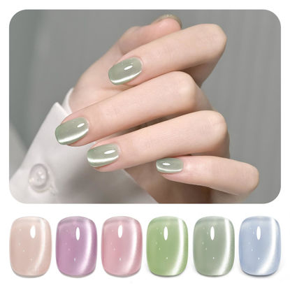 Picture of GAOY Cat Eye Gel Nail Polish Set with Magnet for Green Blue Pink Glitter Holographic Cat Eye, Salon Gel Manicure and Nail Art DIY at Home, Minty Fresh