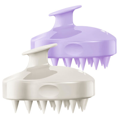 Picture of HEETA Hair Scalp Massager Shampoo Brush 2 Pack, Soft Silicone Bristles to Remove Dandruff, Waterproof Hair Scrubber for Both Wet Dry Hair, Suitable for Men & Women (Light Beige&Purple)