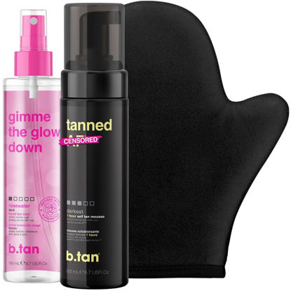 Picture of b.tan Dark Self Tan & Face Mist Kit | b.tan + Glow Bundle - Self Tanning Mousse with Gimme The Glow Down Gradual Face + Body Mist w Self Tanning Mitt Applicator, 1 Hour Sunless Tanner, Fast, 6.7 Fl Oz