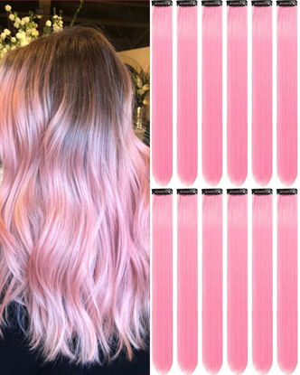 Picture of Olldag 12 PCS Pink Hair Extensions Clip in, 20 Inch Colored Hair Extensions Party Highlights Long Straight Synthetic Hairpieces for Women Kids Girls Cosplay