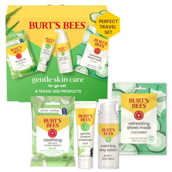 Picture of Burt's Bees Gentle Skin Care To-Go Set, Includes Cleanser, Towelettes, Lotion and Sheet Mask, Travel Size Facial Skin Care Products for Sensitive Skin, Natural Origin Skin Care, 1 Gift Set