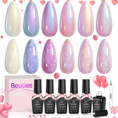 Picture of Beetles Pearl Gel Nail Polish, 6 Colors Shimmer Pearl White Pink Purple Mermaid Nail Drawing Gel Polish Soak Off Uv Gel Polish Swirl Shell Thread Effect DIY Manicure Valentine's Day Gift for Women