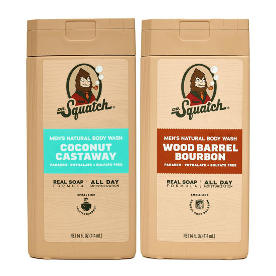 Picture of Dr. Squatch NEW Natural Body Wash for Men - Non-Exfoliating - Coconut Castaway + Wood Barrel Bourbon (14 oz, 2 Pack)