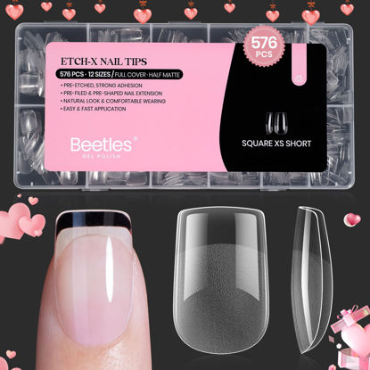 Picture of Beetles Short Square Nail Tips: 12 Sizes 576PCS XS Short Square Half Matte Clear False Acrylic Press on Nails Tips Pre-shape Full Cover Nail Tips Nail Extension DIY Valentines Day Gifts for Women