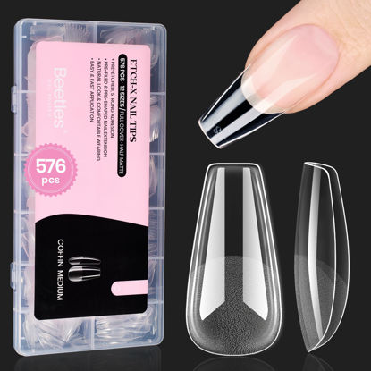 Picture of Beetles Gel Nail Tips Medium Coffin 576PCS Etch X Nail Tips, 12 Sizes Pre Shaped Half Matte Press On Nails Full Cover False Nails for Valentine Nails Acrylic Glue on Nails Nail Extensions Set
