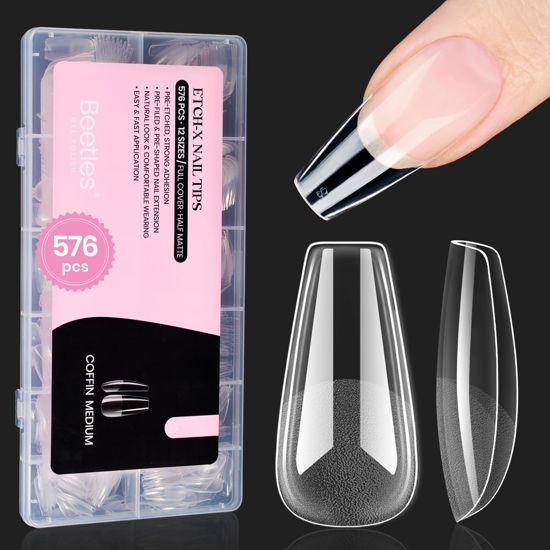 Picture of Beetles Gel Nail Tips Medium Coffin 576PCS Etch X Nail Tips, 12 Sizes Pre Shaped Half Matte Press On Nails Full Cover False Nails for Valentine Nails Acrylic Glue on Nails Nail Extensions Set