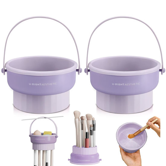 Picture of GOLIKEE 2 Pack Makeup Brush Cleaner Mat 3 in 1 Silicone Makeup Brush Cleaner Makeup Brush Cleaning Bowl Makeup Brush Sponge Scrubber Tool for Cleaning, Storage And Upside Down Drying(Two Purple)