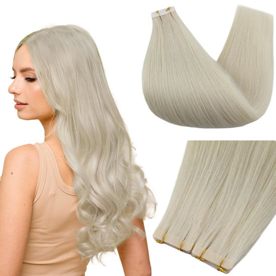 Picture of Full Shine Injection Tape in Human Hair Extensions Virgin Tape in Hair Extensions Human Hair Color 1000 Blonde Tape in Extensions 14Inch Machine Remy Seamless Tape Extensions 10G 5Pcs for Wedding