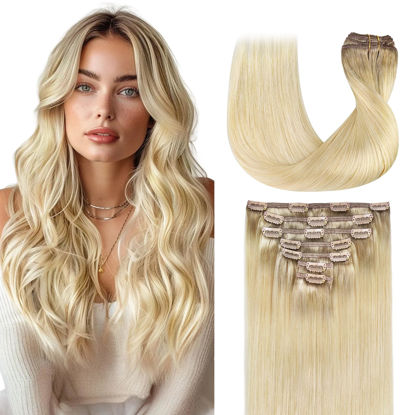 Picture of GOO GOO Clip in Hair Extensions Real Human Hair, Remy Human Hair Extensions Clip ins for Women, Natural Human Hair, 22inch 120g 7Pcs, #R7/60F