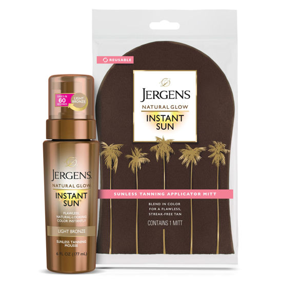 Picture of Jergens Natural Glow Instant Sun Bundle: Light Bronze Sunless Tanning Mousse, 6oz Bottle and Applicator Mitt