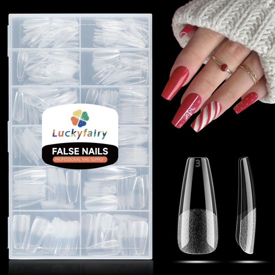 Picture of Long Coffin Gel x Nails Tips Full Cover Coffin Acrylic Nail Tips Pre-buff 240pcs Clear Coffin Fake Press On Nails No C Curve Easily DIY Art Gel x Nail Extensions Long-lasting, 12 Sizes Luckyfairy