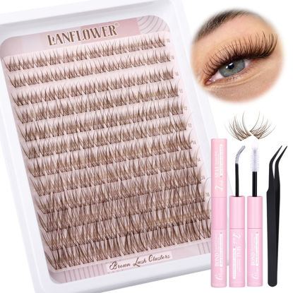 Picture of Brown Lash Clusters Kit Natural Lash Extension Kit Wispy Eyelash Clusters C Curl Cluster Eyelash Extensions 10-16mm Eyelash Extension Kit Brown Individual Lashes DIY at Home by Lanflower