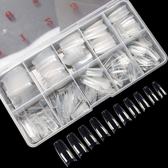 Picture of krofaue 500PCS Clear False Nails Tips, Half Cover Lady French Style Acrylic Artificial Tip Manicure with Box of 10 Sizes for Nail Tips Art Salons and Home DIY…