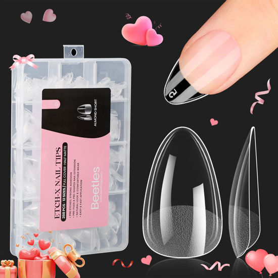 Picture of Beetles Short Almond Nail Tips: 12 Sizes 288 PCS Half Matte Full Cover Almond Gel Tips Clear Acrylic Beetles Gel X Nail Tips Almond Shape for Girls Women DIY Nail Extension