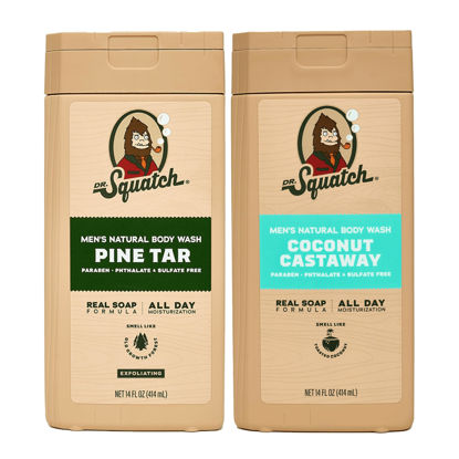 Picture of Dr. Squatch NEW Natural Body Wash for Men - Exfoliating and Non-Exfoliating - Pine Tar + Coconut Castaway (14 oz, 2 Pack)