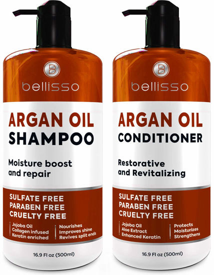 Picture of Moroccan Argan Oil Shampoo and Conditioner Set - Sulfate Free with No Parabens - Botanicals for Women and Men - Professional Moisturizing, Anti Frizz, Hydrating Solution for Dry, Wavy and Curly Hair