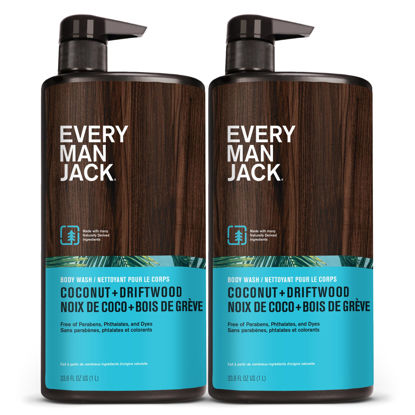 Picture of Every Man Jack Coconut + Driftwood Mens Body Wash for All Skin Types - Cleanse, Hydrate, and Smell Great - Free of Parabens, Phtalates, and Dyes - 33.8 fl oz (2 Pack)