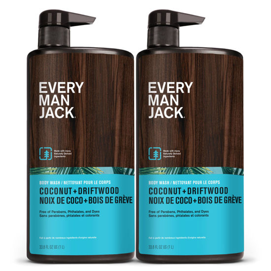 Picture of Every Man Jack Coconut + Driftwood Mens Body Wash for All Skin Types - Cleanse, Hydrate, and Smell Great - Free of Parabens, Phtalates, and Dyes - 33.8 fl oz (2 Pack)