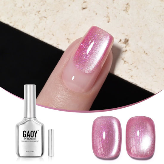 Picture of GAOY Pink Cat Eye Gel Nail Polish, 16ml Glitter Holographic Nail Polish with Magnet, Reflective Translucent UV Gel, 2931 Pink Stardust