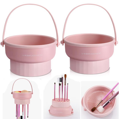 Picture of 2 Pack Makeup Brush Cleaner Mat 3 in 1 Silicone Makeup Brush Cleaner Makeup Brush Cleaning Bowl Makeup Brush Sponge Scrubber Tool for Cleaning, Storage And Upside Down Drying（Two Pink)