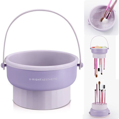 Picture of Makeup Brush Cleaner Mat 3 in 1 Silicone Makeup Brush Cleaner Bowl Cosmetic Brushes Cleaning Tool Organizer for Storage and Air Drying (Purple)