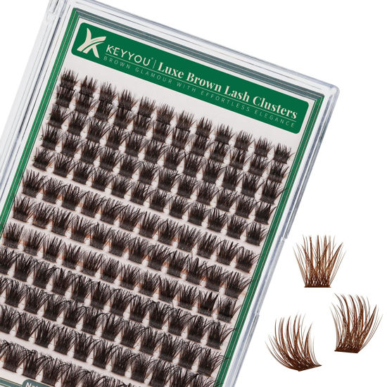 Picture of KEYYOU Brown Lash Clusters 144pcs Eyelash Clusters 8-18MIX D Curl Cluster Lashes Soft Fluffy Wispy Lash Clusters Natural Look Brown DIY Lash Extension At Home(Brown01-D-8-18MIX)