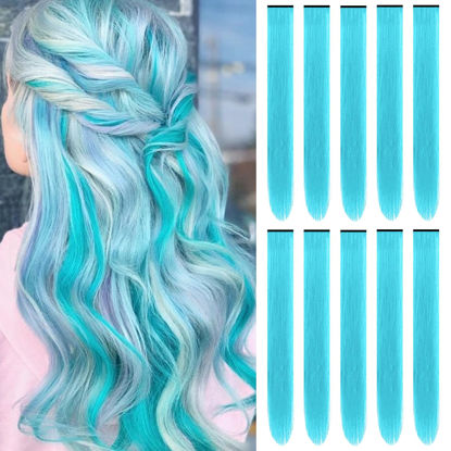 Picture of TOFAFA 22 inch Colored Hair Extensions, Multi-colors Party Highlights Clip in Synthetic Hair Extensions, Color Party Highlights Hairpieces for Girls Women(10 PCS Sky Blue)