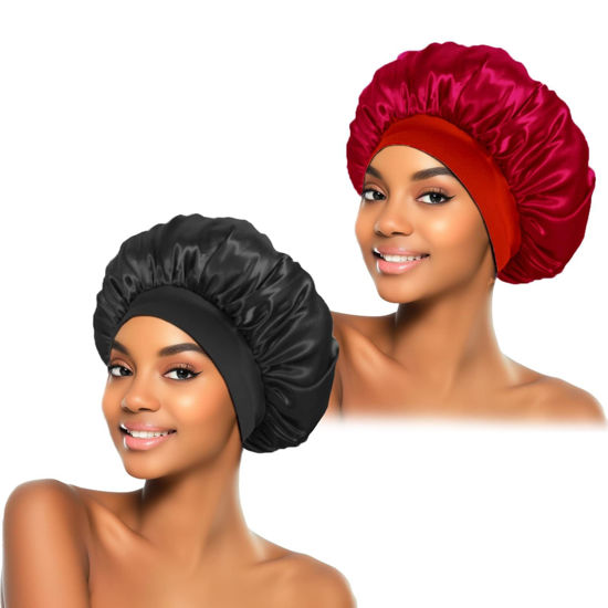 Picture of 2Pcs Silk Bonnet for Sleeping, Satin Hair Bonnets, Soft Elastic Band Silk Sleep Cap, Hair Wrap for Women(Black Burgundy)