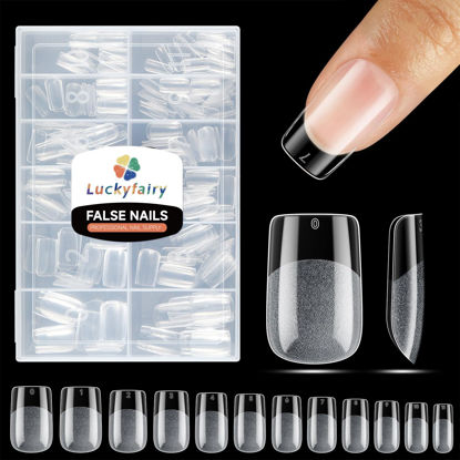 Picture of Short Square Gel Nail Tips Half Matte Short Square Gel x Nail Tips Full Cover 240PCS for Acrylic Fake False Press On Nails Easy DIY Nail Art Saving Design, 12 Sizes Luckyfairy