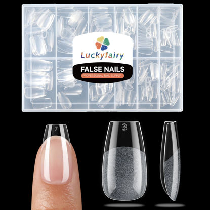Picture of Luckyfairy Short Coffin Fake Nails, 240pcs Soft Gel Pre-Filed Acrylic Short Ballerina Nail Tips, Half Matte Full Cover Clear Press on Flase Nail Tips for Nail Extension Home DIY 12 Sizes Gelly Tips
