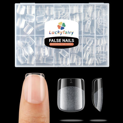 Picture of Luckyfairy Extra Short Square Fake Nails, Soft Gel x Pre-Shaped Acrylic XS Short Square Nail Tips, Half Matte Full Cover Clear Press on Flase Nail Tips for Nail Extension Home DIY 240pcs/12 Sizes