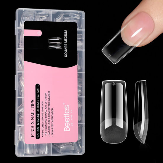 Picture of Beetles Nail Tips Medium Square Etch-X Nail Tips,12 Sizes 576Pcs Pre Shaped Soft Acrylic Nail Tips Half Matte False Nails Nail Art Full Cover Press Ons Nail Extensions Gift Set Home DIY Nail Salon