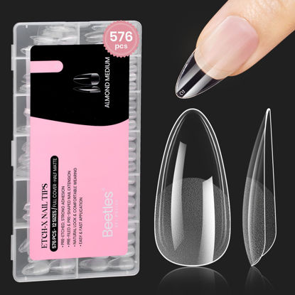 Picture of Beetles Medium Almond Gel Nail Tips Etch X Nail Tips, 12 Sizes 576PCS Half Matte Full Cover Nail Tips Gelly Tips False Nails Clear Acrylic Nails Glue on Nails DIY Nail Extension Gift for Women