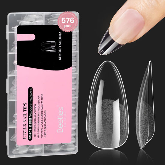 Picture of Beetles Medium Almond Gel Nail Tips Etch X Nail Tips, 12 Sizes 576PCS Half Matte Full Cover Nail Tips Gelly Tips False Nails Clear Acrylic Nails Glue on Nails DIY Nail Extension Gift for Women