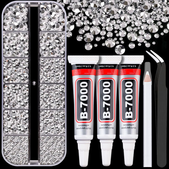 Picture of Resin Rhinestones for Crafting with B7000 Jewelry Glue, 1 Box Silver Flatback Crystals with 3Pcs 10ml Glue for Bedazzling Crafts DIY Nail Art Makeup，Non Hotfix Gems for Clothing Shoes