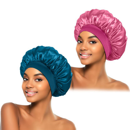 Picture of 2Pcs Silk Bonnet for Sleeping, Satin Hair Bonnets, Soft Elastic Band Silk Sleep Cap, Hair Wrap for Women(Peacock Blue Rose Red)