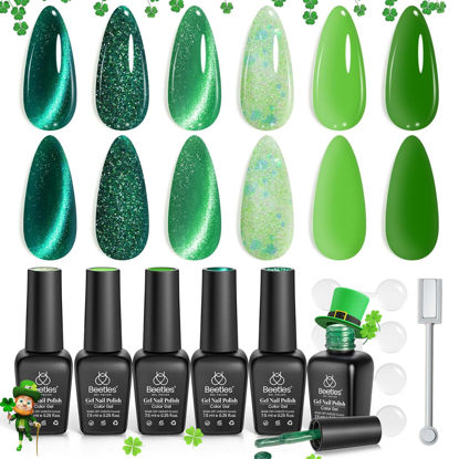 Picture of Beetles Green Gel Nail Polish Set, Cat Eye Jelly Gel Polish with Color Swatch Dots Magnet, 6 Color Glitter Enchanted Forest Theme for Salon Gel Manicure Nail Art DIY at Home