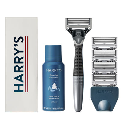 Picture of Harry's Shaving Kit for Men - Razor Handle, 5 Razor Blade Refills, Foaming Shave Gel, and Travel Blade Cover - Charcoal