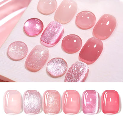 Picture of Born Pretty Jelly Gel Nail Polish, Glitter Gel Polish, Nude Pink Gold Cat Magnetic Eye Gel Nail Polish, Sheer Crystal Transparent Sparkle Nail Manicure Gift DIY at Home 6PCS 7ml
