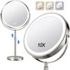 Picture of 10x Large Lighted Makeup Mirror, Rechargeable 8" Height Adjustable Vanity Mirror, 1x/10x Magnifying Mirror with 3 Color, Brightness Adjustable, 360° Rotation Double Sided Mirror, Gift for Her(Nickel)