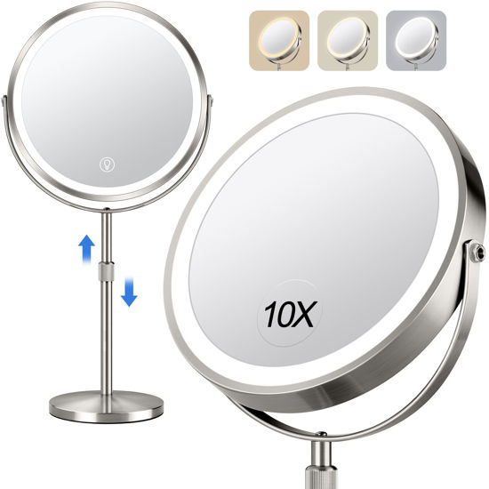 Picture of 10x Large Lighted Makeup Mirror, Rechargeable 8" Height Adjustable Vanity Mirror, 1x/10x Magnifying Mirror with 3 Color, Brightness Adjustable, 360° Rotation Double Sided Mirror, Gift for Her(Nickel)