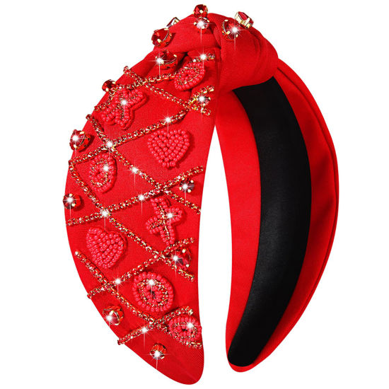 Picture of NVENF Valentine's Jeweled Crystal Rhinestone Love Heart Knotted Wide Headband for Women - Red Heart Top Knot Hair Accessory Gift