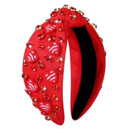 Picture of NVENF Red Valentine's Day Hairband for Women with Love Heart and Crystal Rhinestone Knotted Headband Jeweled Top Knot Headband Accessory Gift