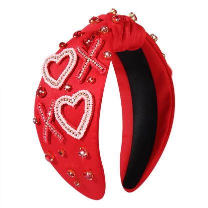 Picture of NVENF Love Heart Jeweled Crystal Rhinestone Knotted Red & Pink Headband - Wide Top Knot Hair Accessories for Valentine's Gift (Bead XO)
