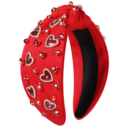 Picture of NVENF Valentine's Day Headband, Women Love Heart Headband Jeweled Crystal Rhinestone Knotted Headband, Red Pink, Top Knot Headband Valentine's Day Hair Accessories Gifts